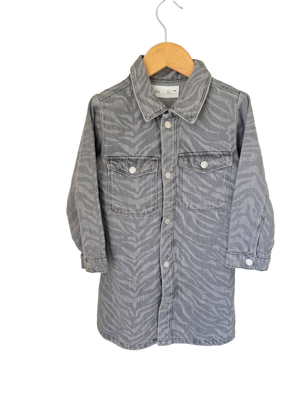 Zara Kids Gray Zebra-Print Denim Shirt Dress Size 4
